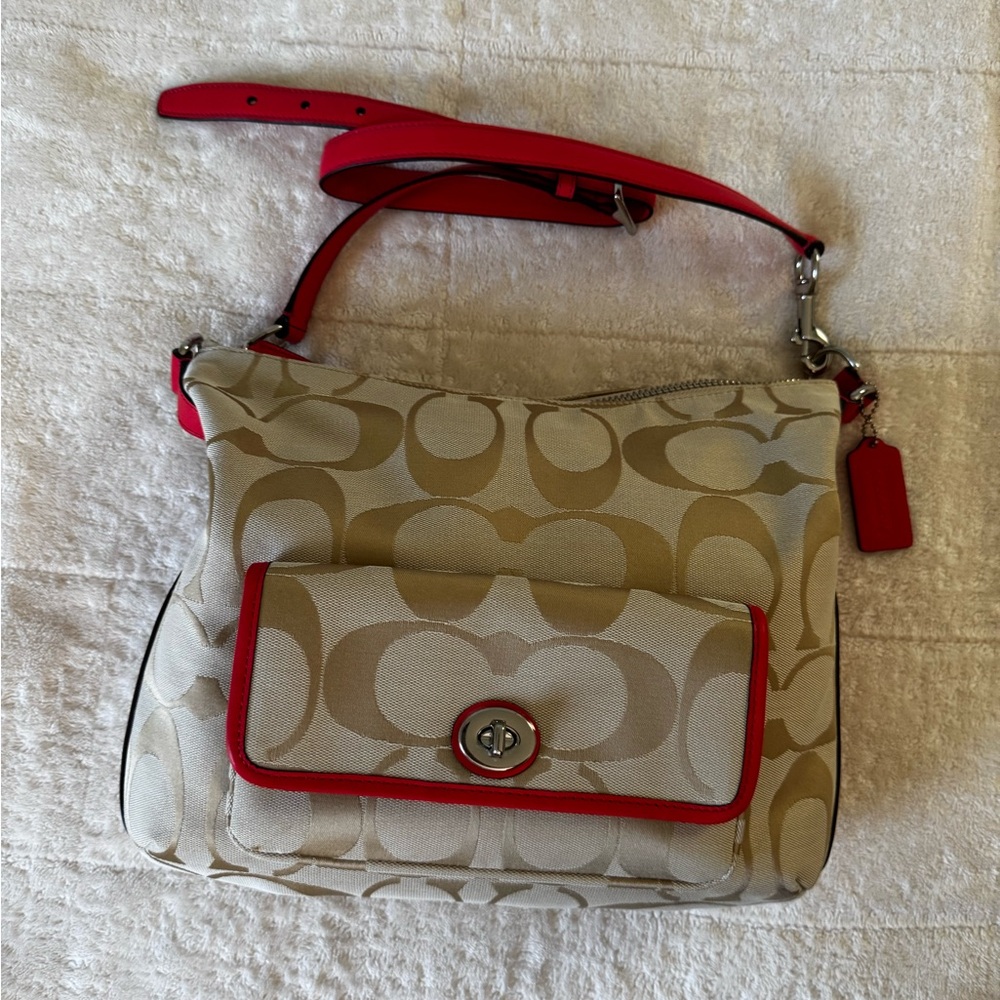 EUC Coach Medium Shoulder Bag - Gold Logo With Orange Leather Trim